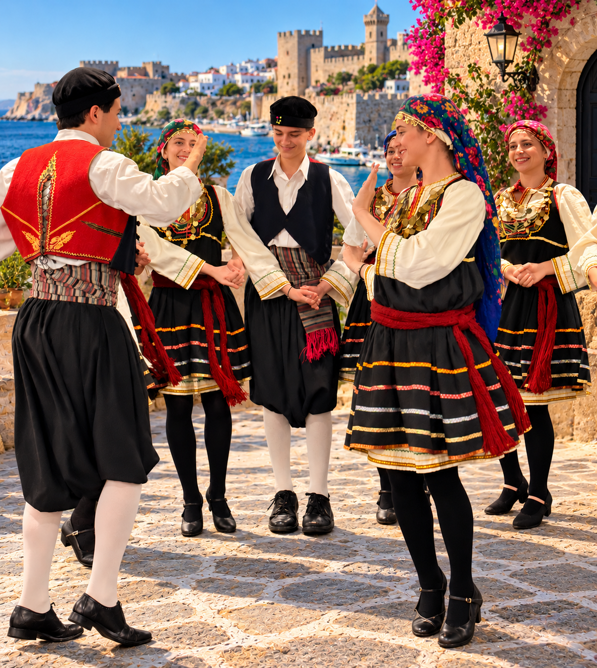 HASKAS dancers performing together in traditional Greek costumes